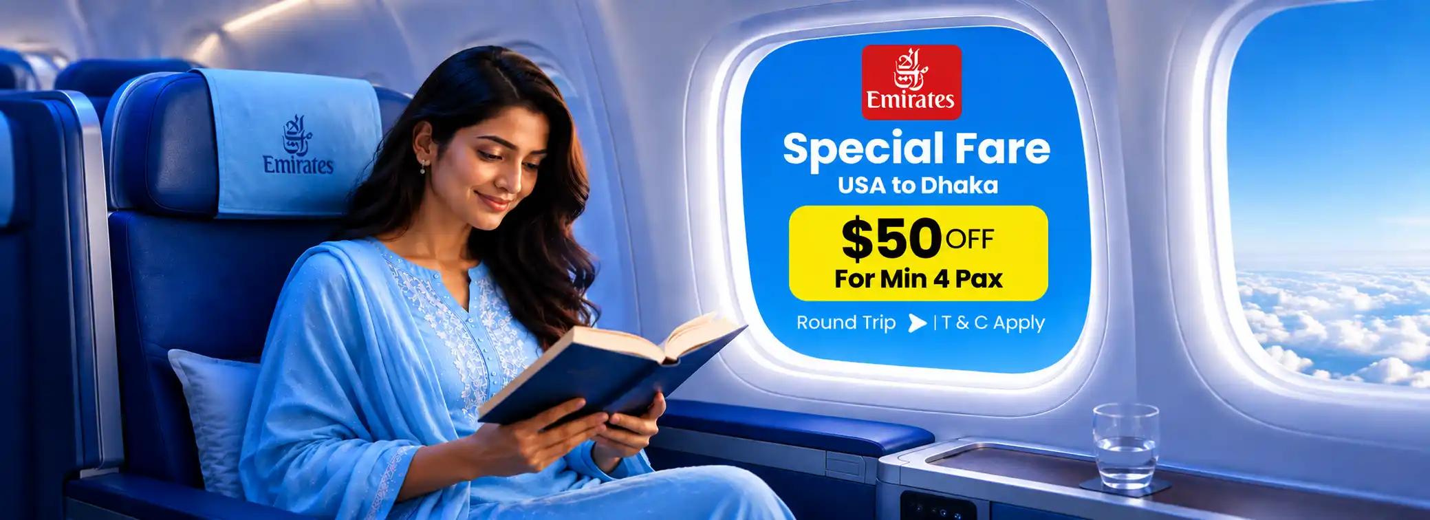 $50 Off Emirates for 4+ Passengers | USA ⇄ Dhaka Round Trip